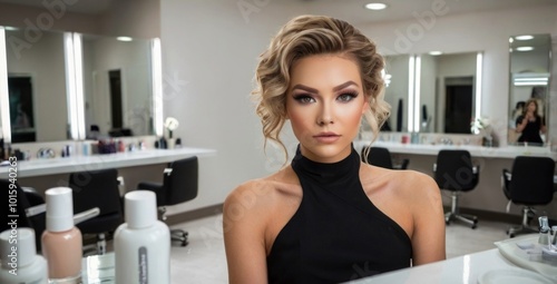 A young woman with stylish hair and makeup poses confidently in a modern salon, reflecting elegance and beauty during a professional photoshoot