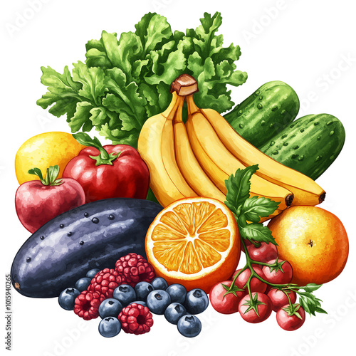 A vibrant assortment of fresh fruits and vegetables on a white background showcasing their natural colors and textures