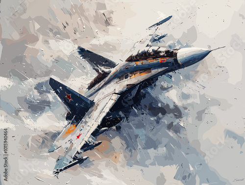 A fighter jet is painted in a very detailed and realistic manner. Concept of power and strength, as the jet is the main focus of the painting. The use of bold colors