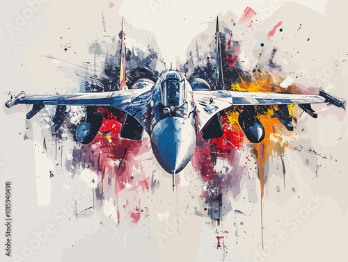 A fighter jet is painted in a very detailed and realistic manner. Concept of power and strength, as the jet is the main focus of the painting. The use of bold colors