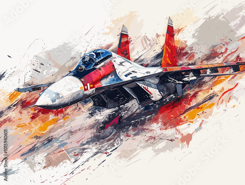 A fighter jet is painted in a very detailed and realistic manner. Concept of power and strength, as the jet is the main focus of the painting. The use of bold colors