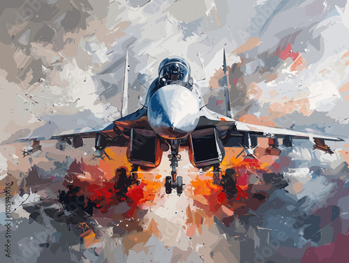 A fighter jet is painted in a very detailed and realistic manner. Concept of power and strength, as the jet is the main focus of the painting. The use of bold colors