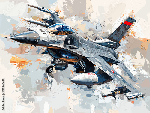 A fighter jet is painted in a very detailed and realistic manner. Concept of power and strength, as the jet is the main focus of the painting. The use of bold colors