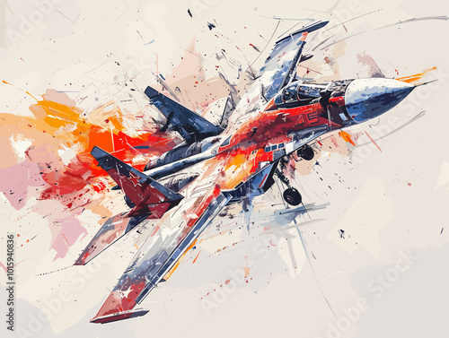 A fighter jet is painted in a very detailed and realistic manner. Concept of power and strength, as the jet is the main focus of the painting. The use of bold colors