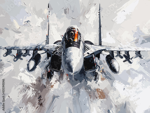 A fighter jet is painted in a very detailed and realistic manner. Concept of power and strength, as the jet is the main focus of the painting. The use of bold colors