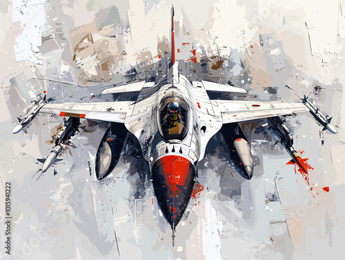 A fighter jet is painted in a very detailed and realistic manner. Concept of power and strength, as the jet is the main focus of the painting. The use of bold colors