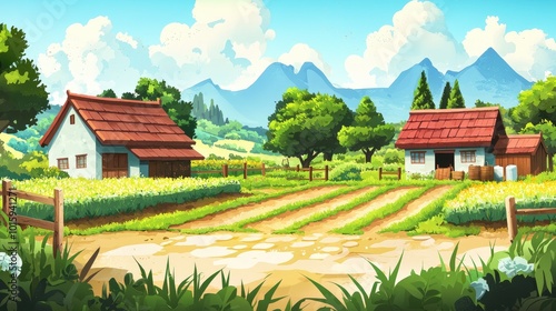 Rural Scene with Two Houses, a Path, and Mountainous Background