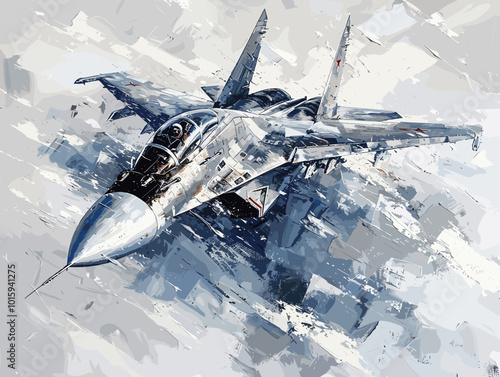 A fighter jet is painted in a very detailed and realistic manner. Concept of power and strength, as the jet is the main focus of the painting. The use of bold colors