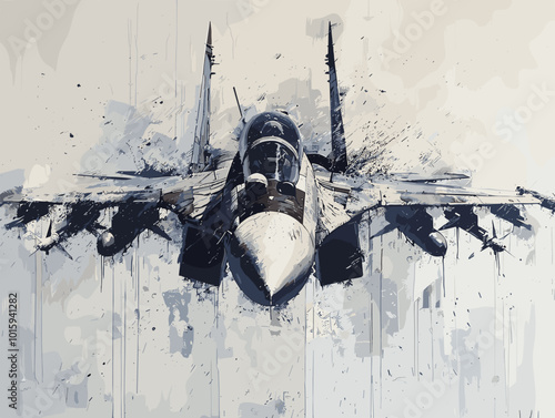 A fighter jet is painted in a very detailed and realistic manner. Concept of power and strength, as the jet is the main focus of the painting. The use of bold colors