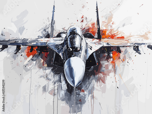 A fighter jet is painted in a very detailed and realistic manner. Concept of power and strength, as the jet is the main focus of the painting. The use of bold colors