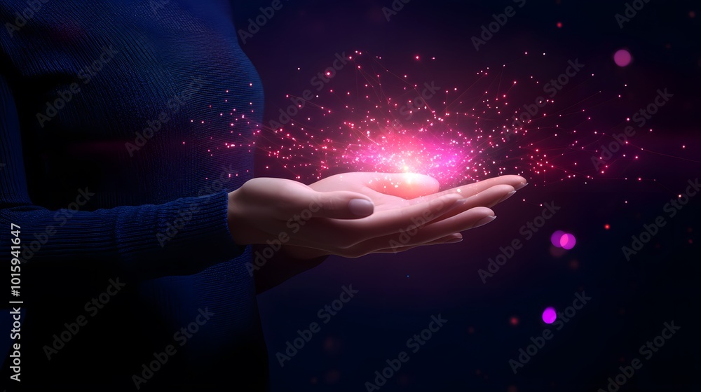 Woman s Hands Holding Glowing Light and Abstract Network Woman s Hands Holding Glowing Light and Abstract Network