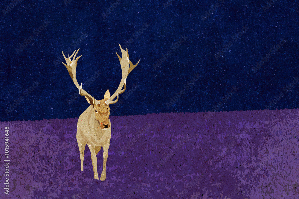 Ilustracja poroże jeleń na kolorowej łące ciemne nocne niebo.