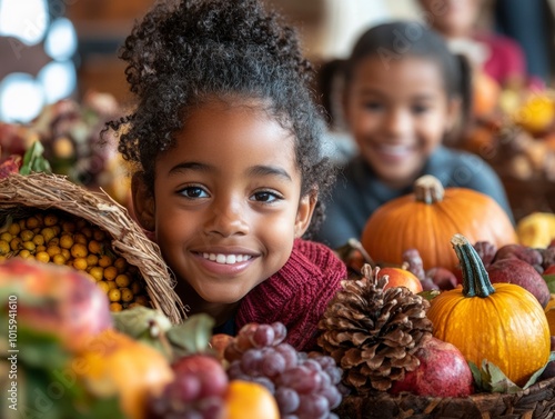 Happy girl smiling among autumn harvest, colorful fruits and pumpkins.