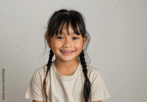 A smiling young girl with long braids and a yellow sweater stands against a plain background. Her bright eyes and happy expression convey a sense of joy and charm.