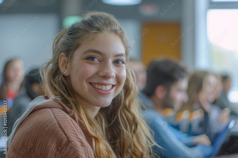Happy college student during a lecture in the classroom looking at camera. Happy college student during a lecture in the classroom looking at camera.