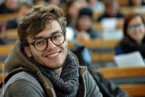 Happy college student during a lecture in the classroom looking at camera.