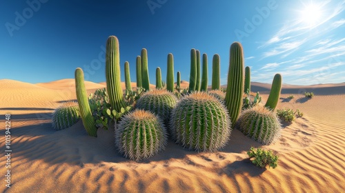 Wallpaper Mural A desert oasis-like circle of cactus plants, perfectly arranged in the middle of arid dunes, the sky a brilliant blue, heat waves distorting the distant view Torontodigital.ca