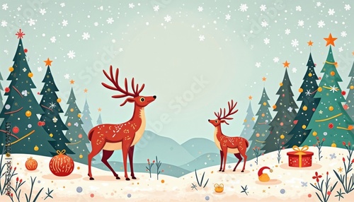 New Year card with deer and fir trees wishing happy holidays, ai generated, ai
