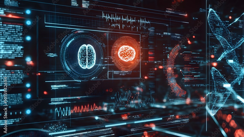 abstract technology ui futuristic human medical hud interface hologram elements of digital data chart, DNA,Fingerprint,Brain computing circle vitality innovation on hi tech future design background. abstract technology ui futuristic human medical hud interface hologram elements of digital data chart, DNA,Fingerprint,Brain computing circle vitality innovation on hi tech future design background.
