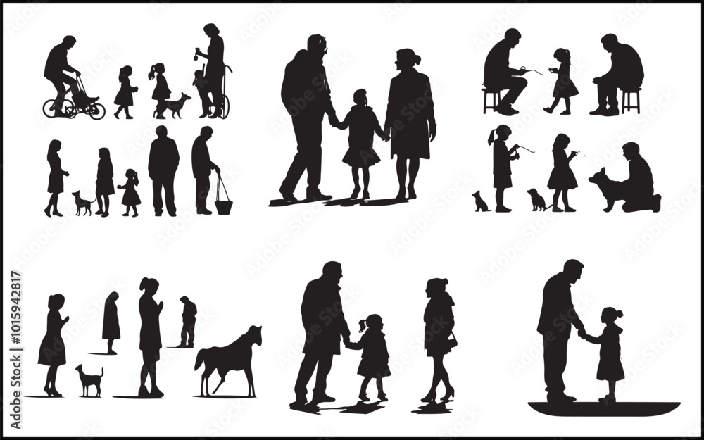 Fototapeta premium Families: Parents holding hands with children, couples, grandparents.