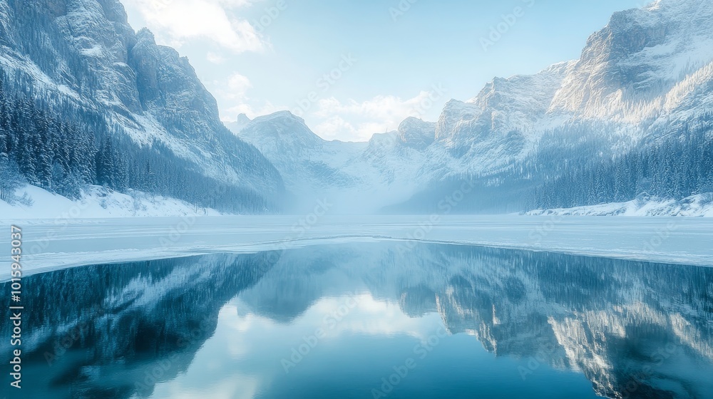 Fototapeta premium A frozen lake in the heart of a mountain range, framed by jagged snowy peaks, reflecting the stunning natural beauty of the winter landscape