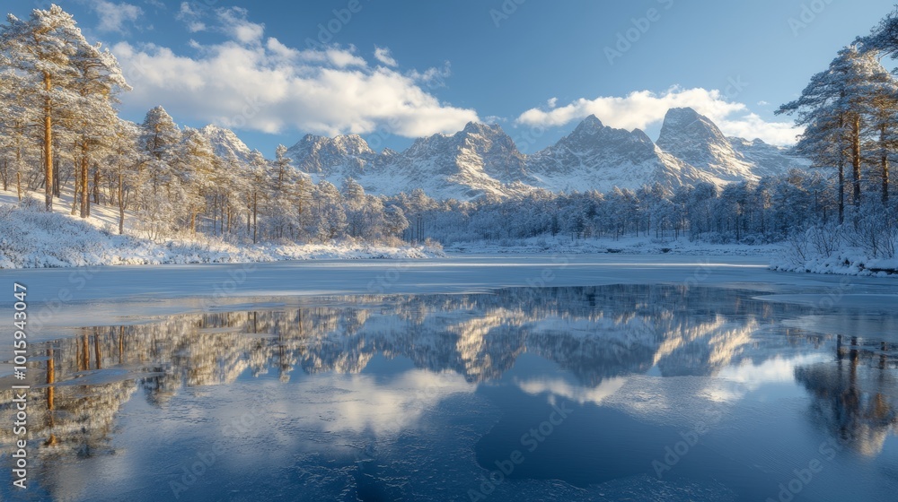 A frozen lake in the heart of a mountain range, framed by jagged snowy peaks, reflecting the stunning natural beauty of the winter landscape A frozen lake in the heart of a mountain range, framed by jagged snowy peaks, reflecting the stunning natural beauty of the winter landscape