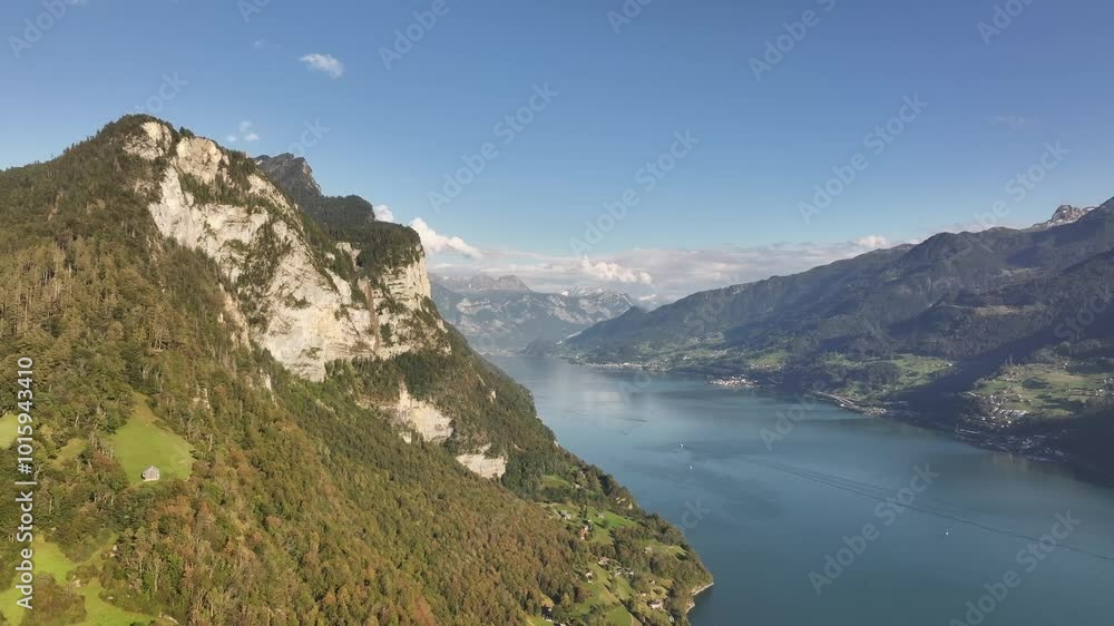 View of the landscape of the Swiss Alps with Lake Walensee in the Canton of St. Gallen. An amazing place for tourism and relaxation View of the landscape of the Swiss Alps with Lake Walensee in the Canton of St. Gallen. An amazing place for tourism and relaxation