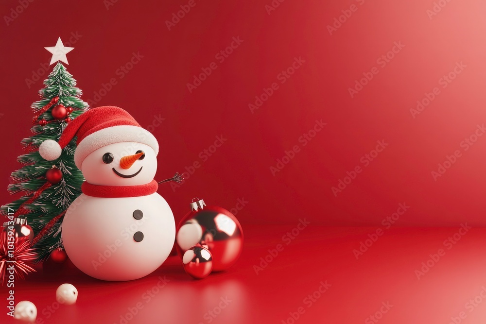 Festive Snowman and Christmas Tree on Red Background, Merry Christmas tree and snowman, 3D render Christmas and New year concept. Greeting card, Xmas background. Festive Snowman and Christmas Tree on Red Background, Merry Christmas tree and snowman, 3D render Christmas and New year concept. Greeting card, Xmas background.