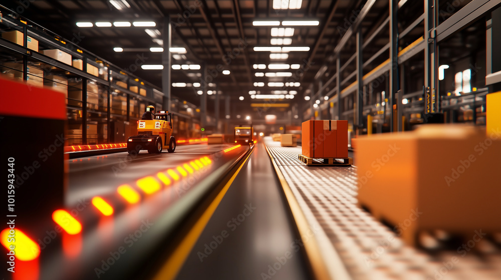 Inside a modern logistics hub, with packages and crates moving along conveyor belts, as workers monitor shipments using handheld devices. Inside a modern logistics hub, with packages and crates moving along conveyor belts, as workers monitor shipments using handheld devices.