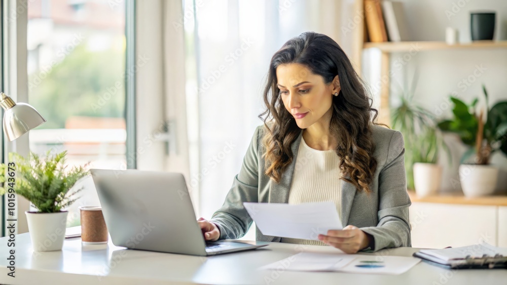 Documents, finance and woman with laptop in home office for debt budget, taxes and remote work. Freelance, accounting and female online for savings, review or analysis, development or business growth Documents, finance and woman with laptop in home office for debt budget, taxes and remote work. Freelance, accounting and female online for savings, review or analysis, development or business growth