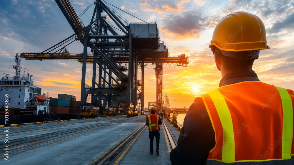 A cargo port at sunset, with massive cranes lifting shipping containers onto vessels, while workers in safety gear coordinate the process from the dock. A cargo port at sunset, with massive cranes lifting shipping containers onto vessels, while workers in safety gear coordinate the process from the dock.