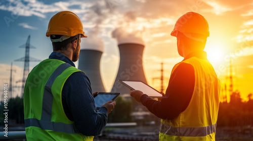 Power plant workers stand on the platform of a nuclear power plant, using tablets to monitor systems, with the cooling towers visible against a bright sunny backdrop.
