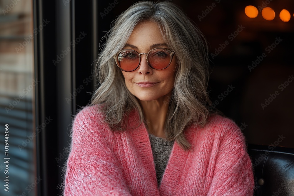 Woman wearing a pink sweater and sunglasses. She is smiling. older beautiful natural woman having fun wearing pink Woman wearing a pink sweater and sunglasses. She is smiling. older beautiful natural woman having fun wearing pink