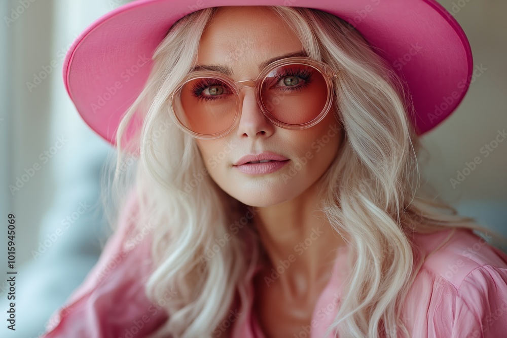 Woman wearing a pink hat and glasses. She is smiling. older beautiful natural woman having fun wearing pink Woman wearing a pink hat and glasses. She is smiling. older beautiful natural woman having fun wearing pink