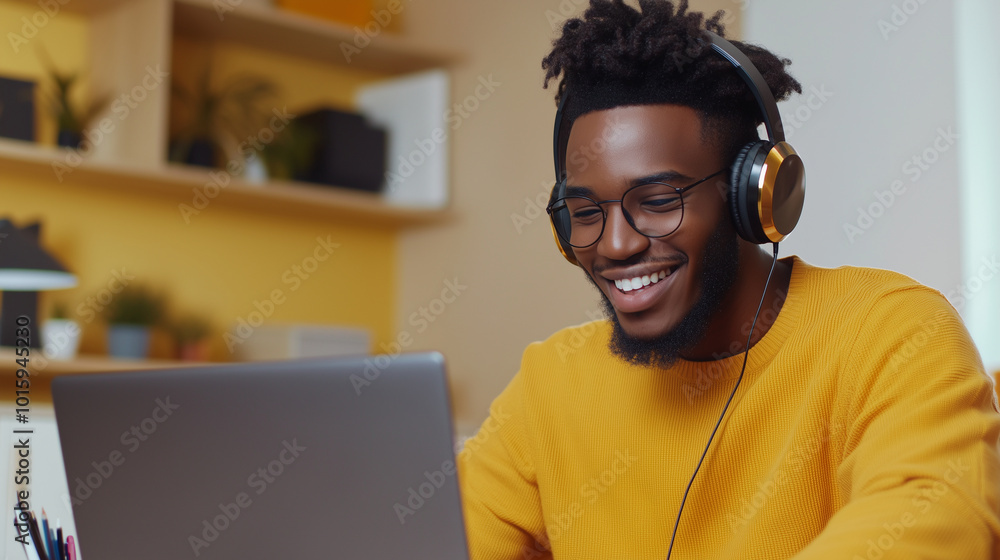 A business consultant, sitting in front of a laptop with a stylish headset, offers online advice with a welcoming smile. The minimalist office space is designed with clean lines, l A business consultant, sitting in front of a laptop with a stylish headset, offers online advice with a welcoming smile. The minimalist office space is designed with clean lines, l