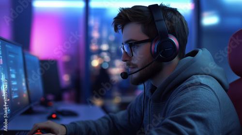 A friendly call center representative, wearing a relaxed hoodie and sleek headset, helps a customer from his high-tech workspace. The office has an open-concept layout, vibrant col photo