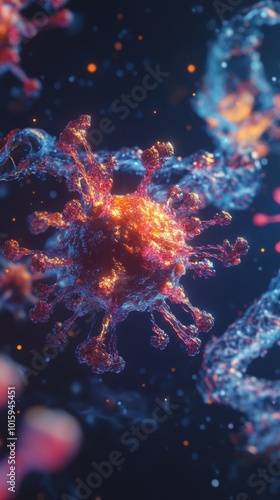 "Depict a close-up view of a virus particle, showcasing its intricate structure with vibrant colors and sharp details, set against a dark, ominous background to emphasize the microscopic threat 