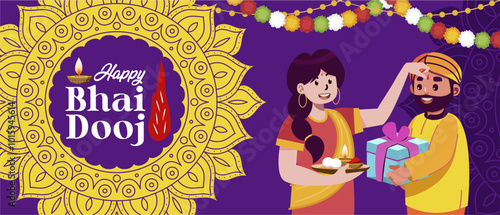 Happy Bhai Dooj and Raksha Bandhan 2024 banner with a sister applies a red tika on her brother's forehead illustration. Best for Diwali celebration ceremony banner, background, template, greeting. 