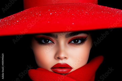 Woman wearing a red scarf and red lipstick. She has blue eyes. The scarf is wrapped around her head. over the shoulder high key lighting, red avant garde fashion photography, outside in snow