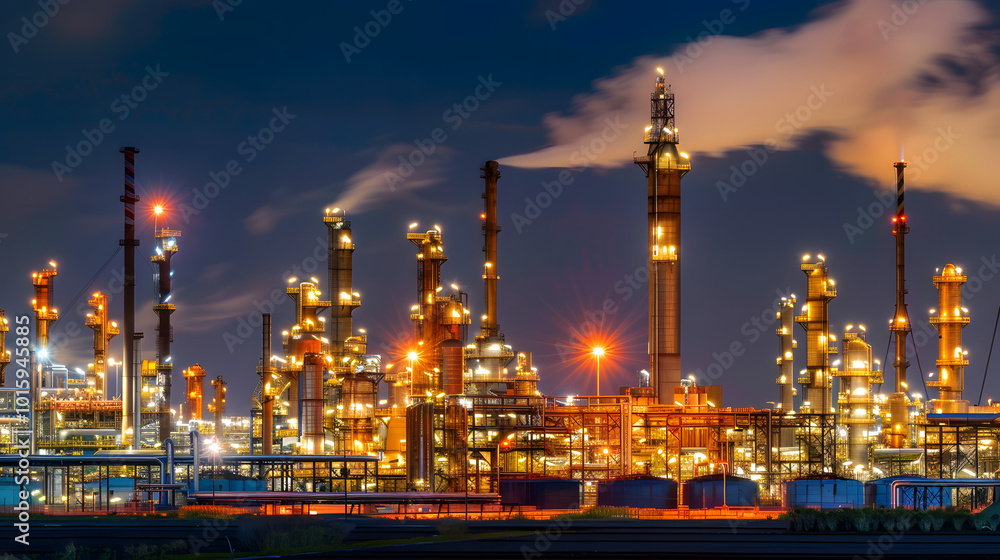 Fototapeta premium An expansive oil refinery complex at night, glowing with intense industrial lights against a dark sky, with columns of metal pipes and storage tanks producing thick clouds of vapor