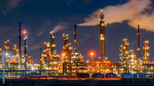 An expansive oil refinery complex at night, glowing with intense industrial lights against a dark sky, with columns of metal pipes and storage tanks producing thick clouds of vapor