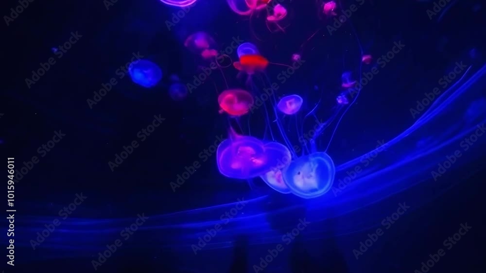 Red Blue Green Jellyfish in Mystical Ocean Backdrop Red Blue Green Jellyfish in Mystical Ocean Backdrop