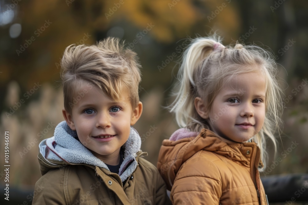 Portrait of two cute little kids, boy and girl, outdoors Portrait of two cute little kids, boy and girl, outdoors
