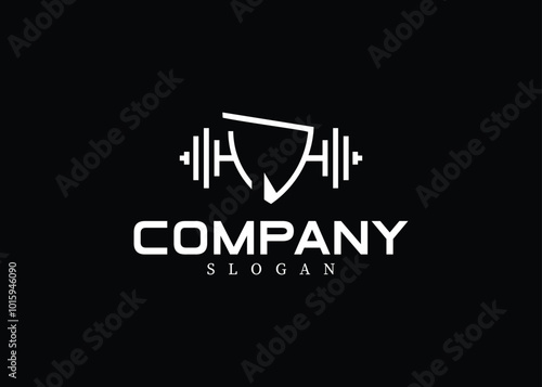 barbell fitness gym sports vector logo design with shield.
