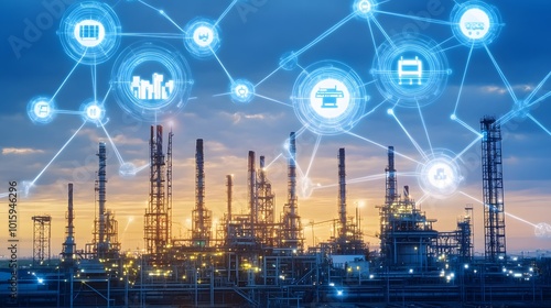 Industrial Automation and Smart Factory with Digital Network   Sunset