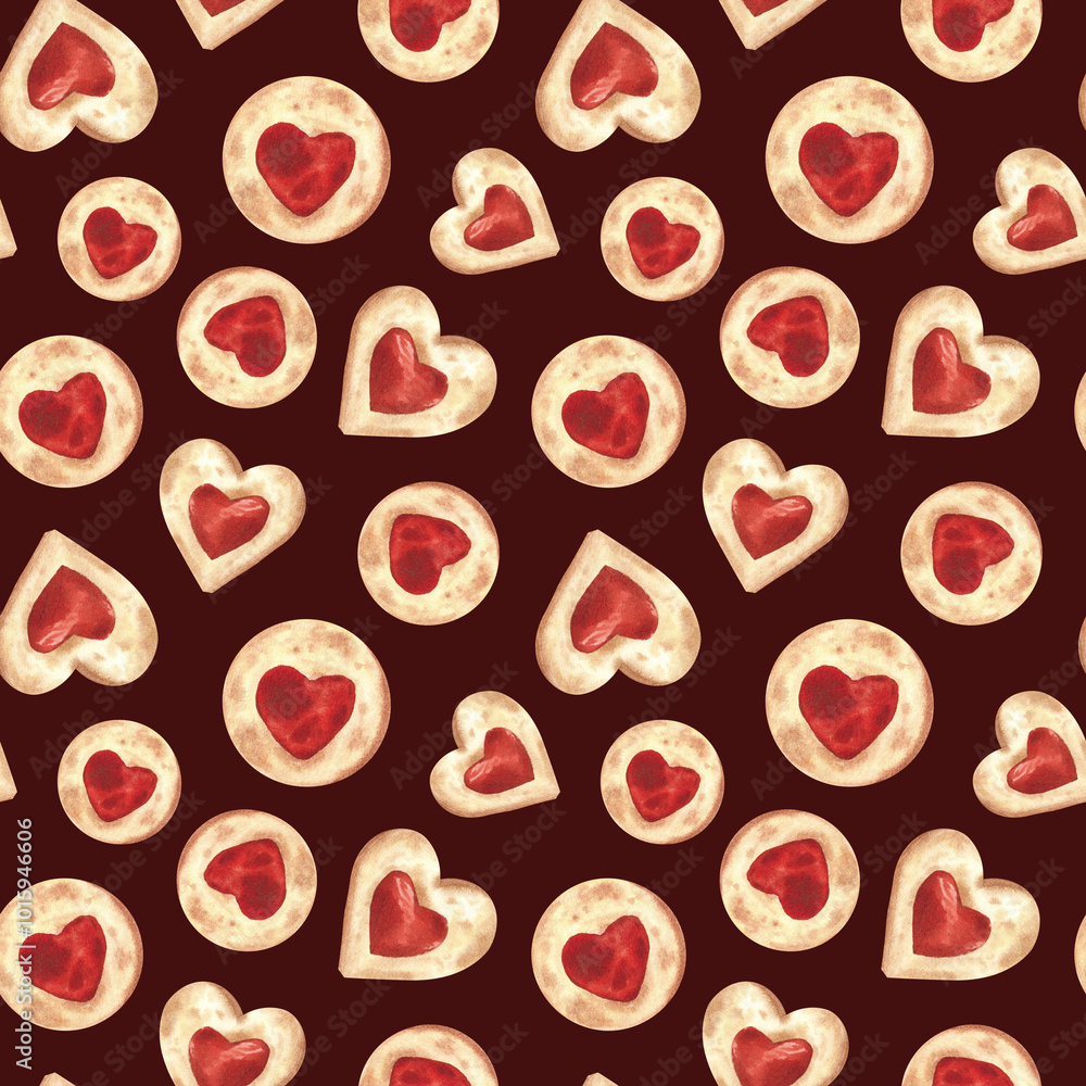 Valentine's Day red jam heart cookies. Seamless pattern on a dark background painted with watercolor. For design, textile, wallpaper, fabric, packaging, scrapbooking Valentine's Day red jam heart cookies. Seamless pattern on a dark background painted with watercolor. For design, textile, wallpaper, fabric, packaging, scrapbooking