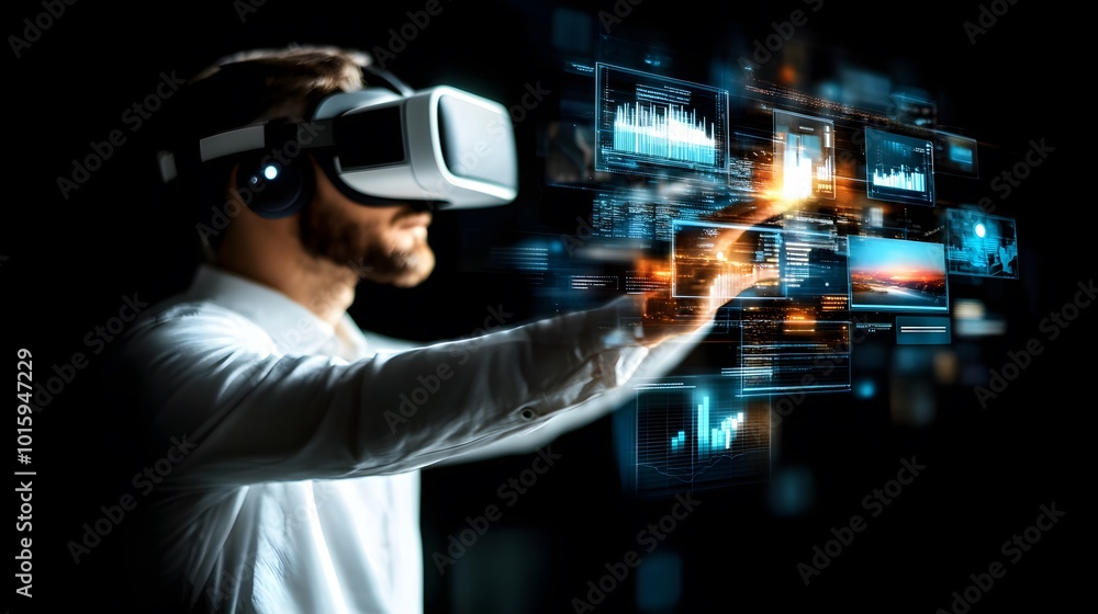 Man Wearing VR Headset Interacting With Virtual Data Man Wearing VR Headset Interacting With Virtual Data