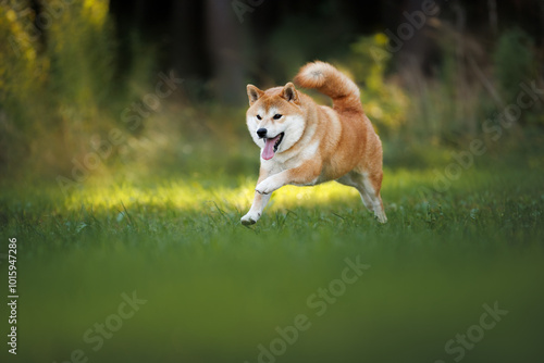 shiba inu dog running outdoors in summer