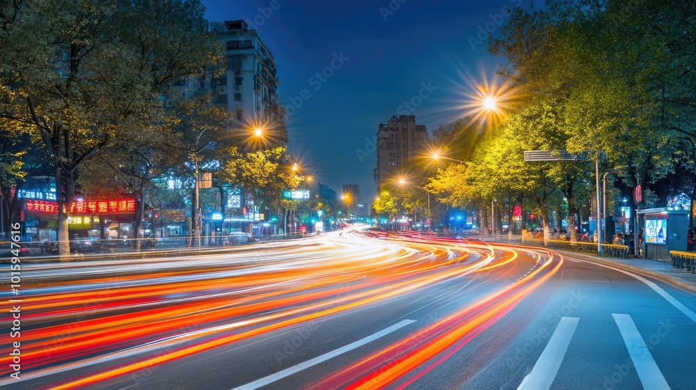Obraz premium Nighttime road scene with vivid light trails from passing vehicles, captured in long exposure to show the motion and energy of the city.