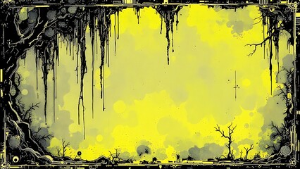 Foto auf Acrylglas Gelb A surreal, dystopian landscape with a yellow background, featuring dark, twisted trees and dripping black elements, creating a haunting and eerie atmosphere  © Ruslan Abdullin